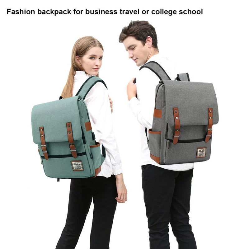 Feskin Vintage Laptop Backpack for Women Men, School College Backpack with USB Charging Port & Headphone Jack, Fashion Backpack Fits 15.6 inch Notebook - Green-Function Update - Image 4